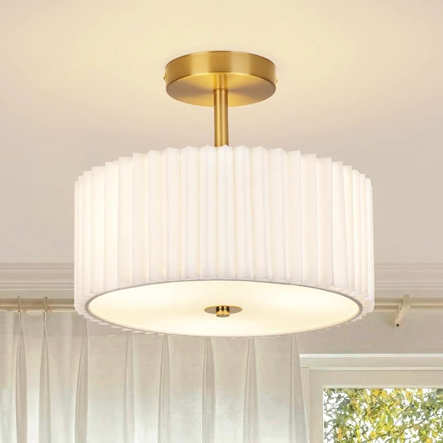 Main image of Modern Semi Flush Mount Ceiling Light with Pleated Fabric Shade, 12.5 Drum Gold Light Fixture with Lights, Warm White Linen Lamp for Bedroom, Living Room, Dining Room, Hallway, Kids Room