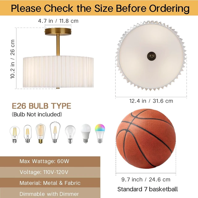 Alt view image 2 of 7 - Modern Semi Flush Mount Ceiling Light with Pleated Fabric Shade, 12.5 Drum Gold Light Fixture with Lights, Warm White Linen Lamp for Bedroom, Living Room, Dining Room, Hallway, Kids Room