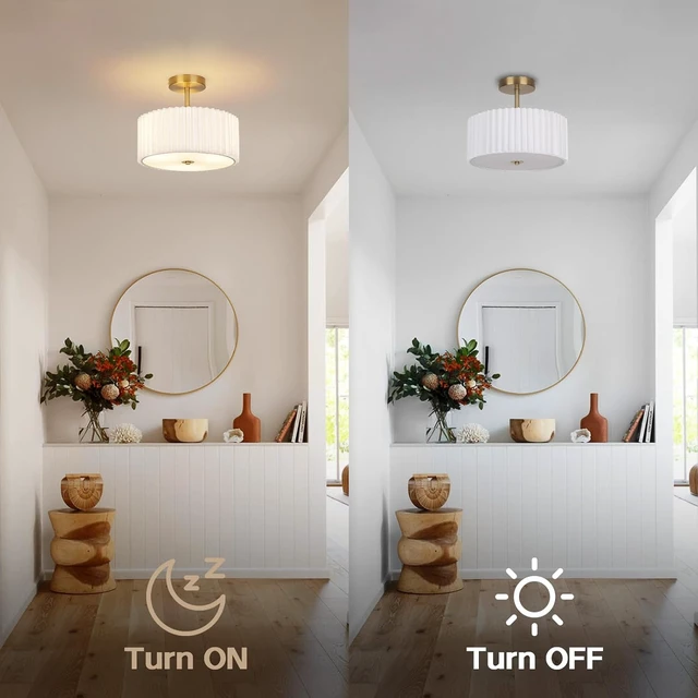 Alt view image 5 of 7 - Modern Semi Flush Mount Ceiling Light with Pleated Fabric Shade, 12.5 Drum Gold Light Fixture with Lights, Warm White Linen Lamp for Bedroom, Living Room, Dining Room, Hallway, Kids Room