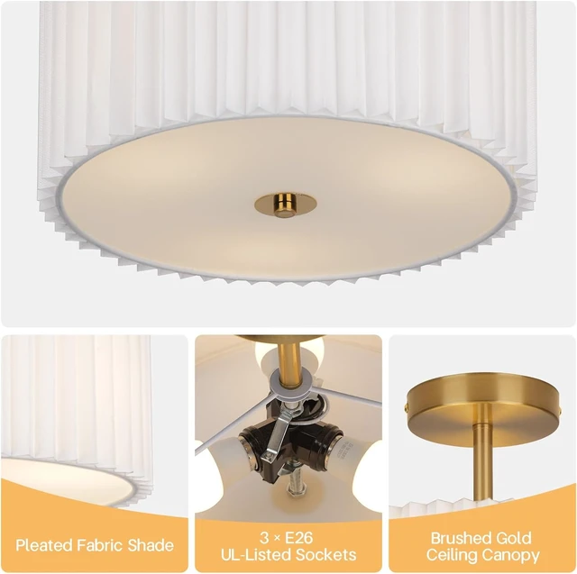 Alt view image 6 of 7 - Modern Semi Flush Mount Ceiling Light with Pleated Fabric Shade, 12.5 Drum Gold Light Fixture with Lights, Warm White Linen Lamp for Bedroom, Living Room, Dining Room, Hallway, Kids Room