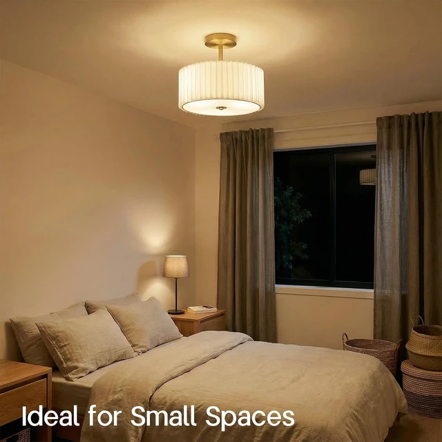 Alt view image 3 of 7 - Modern Semi Flush Mount Ceiling Light with Pleated Fabric Shade, 12.5 Drum Gold Light Fixture with Lights, Warm White Linen Lamp for Bedroom, Living Room, Dining Room, Hallway, Kids Room