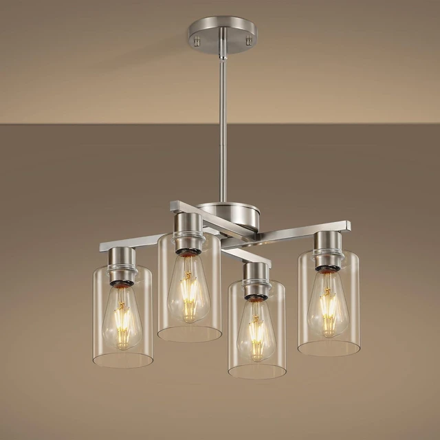 Main image of 4-Light Brushed Nickel Dining Room Chandelier, Modern Glass Pendant Light