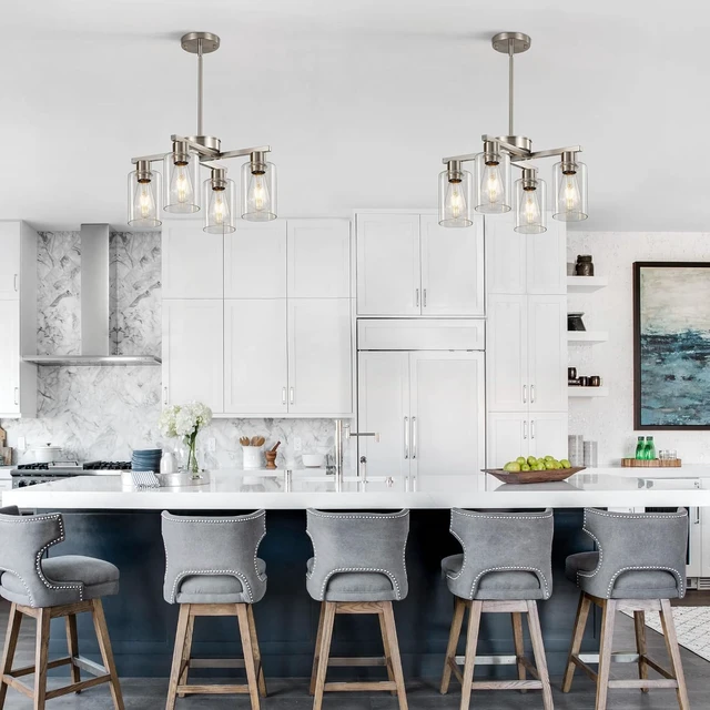 Alt view image 2 of 7 - 4-Light Brushed Nickel Dining Room Chandelier, Modern Glass Pendant Light