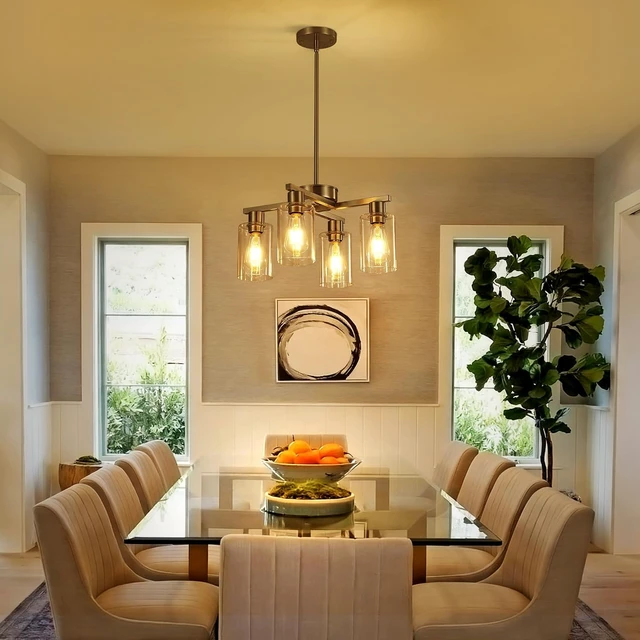 Alt view image 3 of 7 - 4-Light Brushed Nickel Dining Room Chandelier, Modern Glass Pendant Light