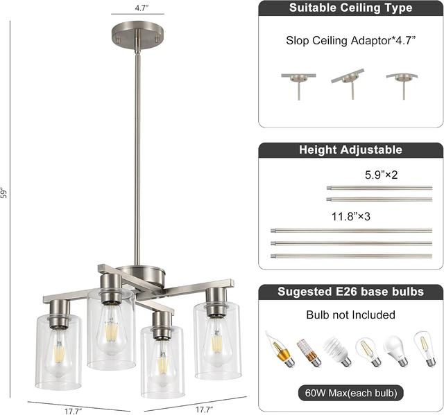 Alt view image 6 of 7 - 4-Light Brushed Nickel Dining Room Chandelier, Modern Glass Pendant Light