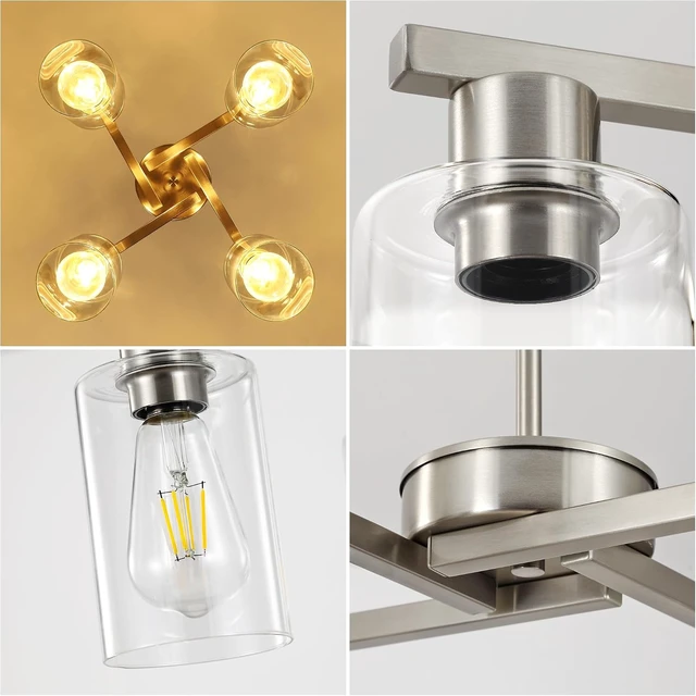 Alt view image 7 of 7 - 4-Light Brushed Nickel Dining Room Chandelier, Modern Glass Pendant Light