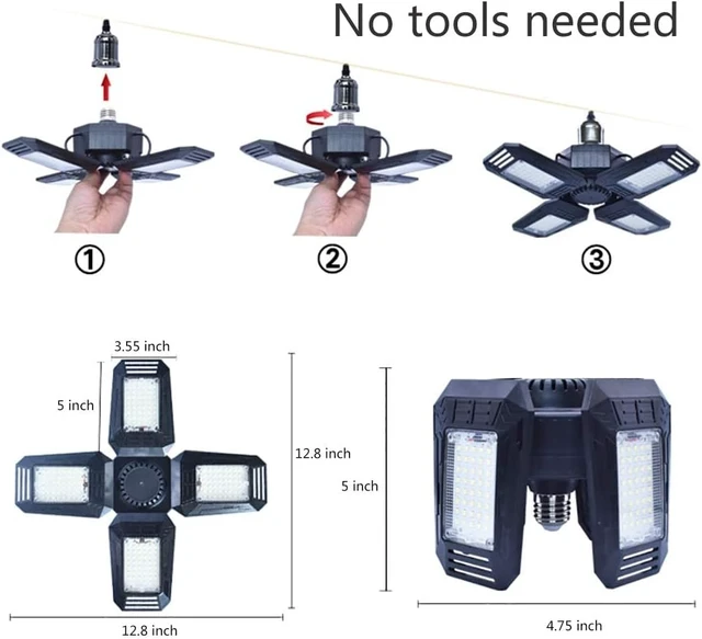 Alt view image 5 of 6 - Deformable LED Garage Lights - 12000 Lumen 6500K Daylight 120W, Four Leaf Garage Organization Ceiling Lighting, Pack of 2