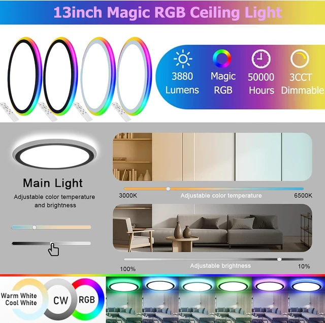Alt view image 2 of 7 - 13Inch Magic RGB Flush Mount Led Ceiling Light,34W 3400LM Dimmable with Remote Control 3000-6500K+RGB Color Changing Ceiling Light.Surface Round Ceiling Lights for Bedroom Living Room (Black)