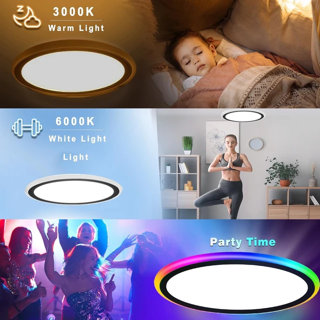Alt view image 5 of 7 - 13Inch Magic RGB Flush Mount Led Ceiling Light,34W 3400LM Dimmable with Remote Control 3000-6500K+RGB Color Changing Ceiling Light.Surface Round Ceiling Lights for Bedroom Living Room (Black)