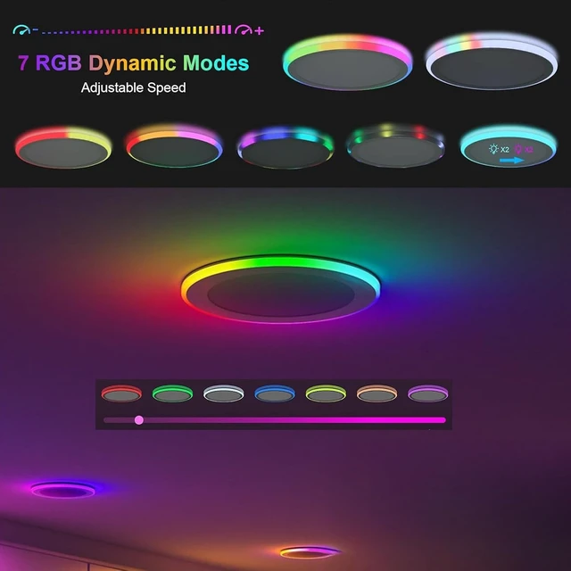 Alt view image 3 of 7 - 13Inch Magic RGB Flush Mount Led Ceiling Light,34W 3400LM Dimmable with Remote Control 3000-6500K+RGB Color Changing Ceiling Light.Surface Round Ceiling Lights for Bedroom Living Room (Black)
