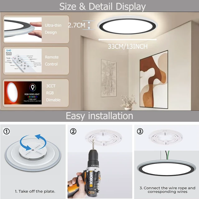 Alt view image 7 of 7 - 13Inch Magic RGB Flush Mount Led Ceiling Light,34W 3400LM Dimmable with Remote Control 3000-6500K+RGB Color Changing Ceiling Light.Surface Round Ceiling Lights for Bedroom Living Room (Black)