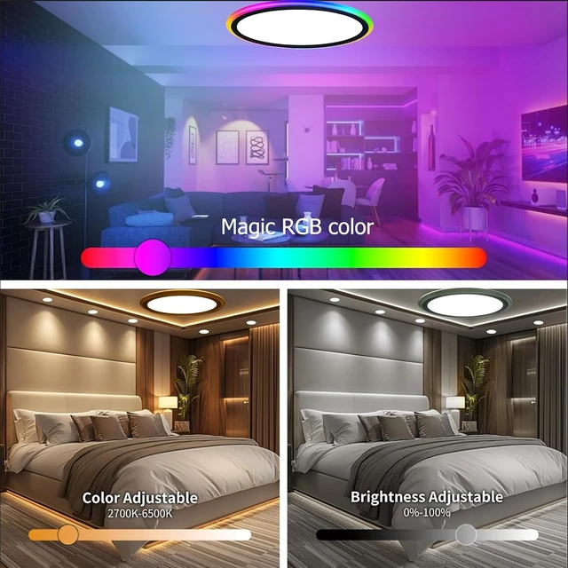Alt view image 4 of 7 - 13Inch Magic RGB Flush Mount Led Ceiling Light,34W 3400LM Dimmable with Remote Control 3000-6500K+RGB Color Changing Ceiling Light.Surface Round Ceiling Lights for Bedroom Living Room (Black)