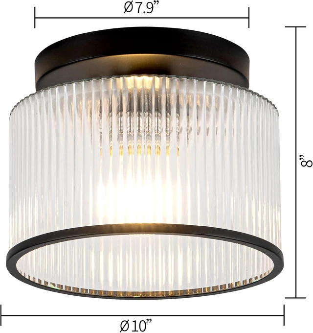Alt view image 2 of 7 - Zlepmlla Glass Ceiling Light, Clear Ribbed Glass Ceiling Light Fixture with Black Metal Frame, Modern Semi Flush Mount Ceiling Light for Hallway, Bedroom, Bathroom, Entryway, Kitchen
