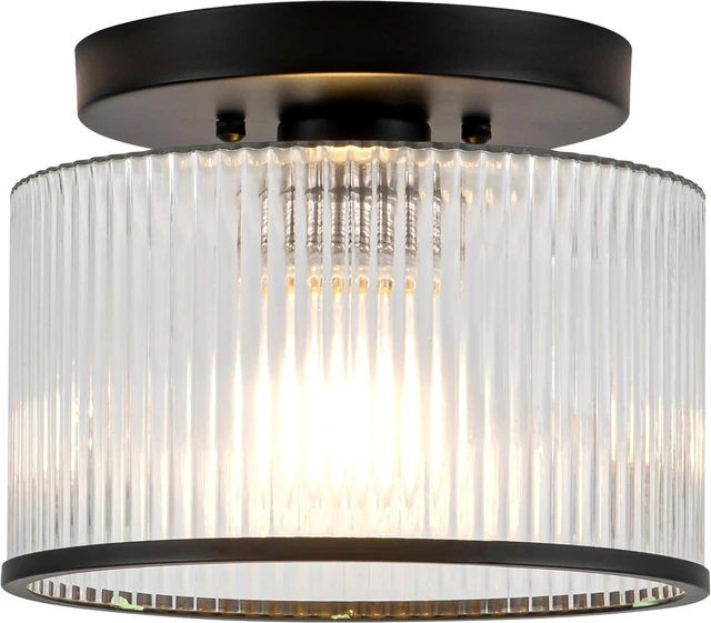 Main image of Zlepmlla Glass Ceiling Light, Clear Ribbed Glass Ceiling Light Fixture with Black Metal Frame, Modern Semi Flush Mount Ceiling Light for Hallway, Bedroom, Bathroom, Entryway, Kitchen