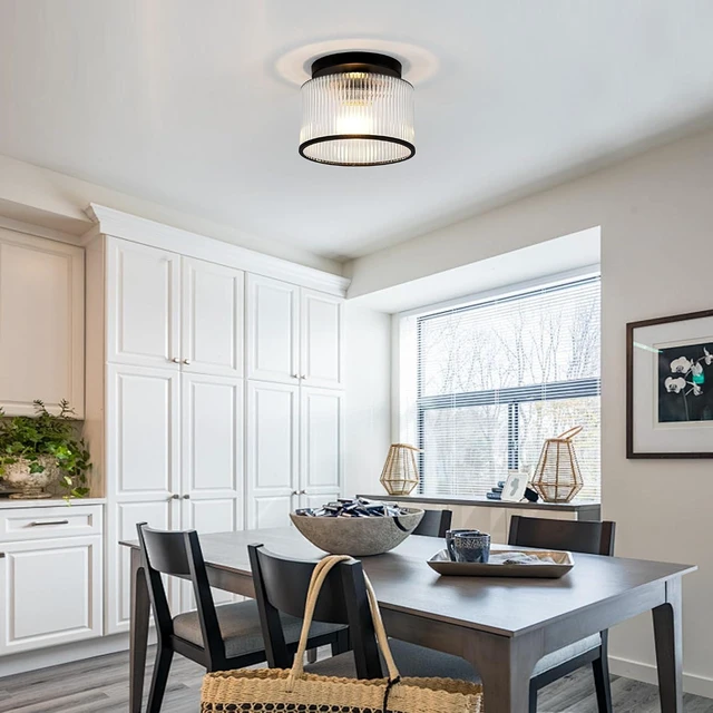 Alt view image 7 of 7 - Zlepmlla Glass Ceiling Light, Clear Ribbed Glass Ceiling Light Fixture with Black Metal Frame, Modern Semi Flush Mount Ceiling Light for Hallway, Bedroom, Bathroom, Entryway, Kitchen