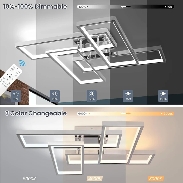 Alt view image 4 of 7 - Dimmable Modern LED Ceiling Light, 4-Square Modern Ceiling Lighting for Living Room with Remote Control 26In Chrome Bedroom Ceiling Lights Fixures for Kitchen, Bathroom, Dining Room