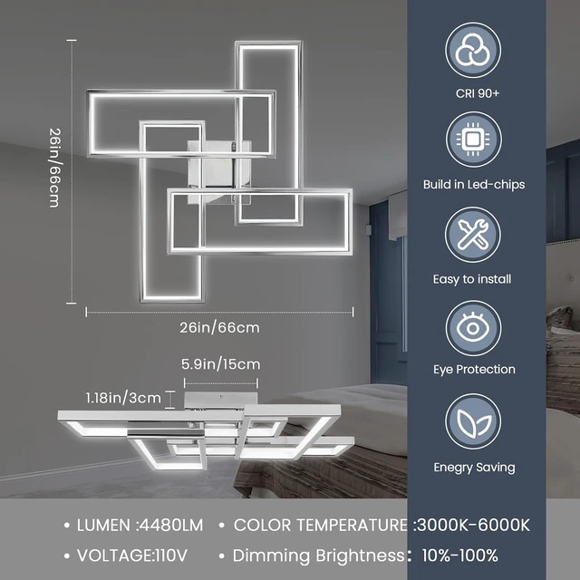 Alt view image 5 of 7 - Dimmable Modern LED Ceiling Light, 4-Square Modern Ceiling Lighting for Living Room with Remote Control 26In Chrome Bedroom Ceiling Lights Fixures for Kitchen, Bathroom, Dining Room