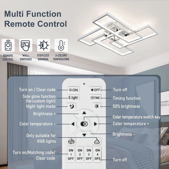 Alt view image 6 of 7 - Dimmable Modern LED Ceiling Light, 4-Square Modern Ceiling Lighting for Living Room with Remote Control 26In Chrome Bedroom Ceiling Lights Fixures for Kitchen, Bathroom, Dining Room