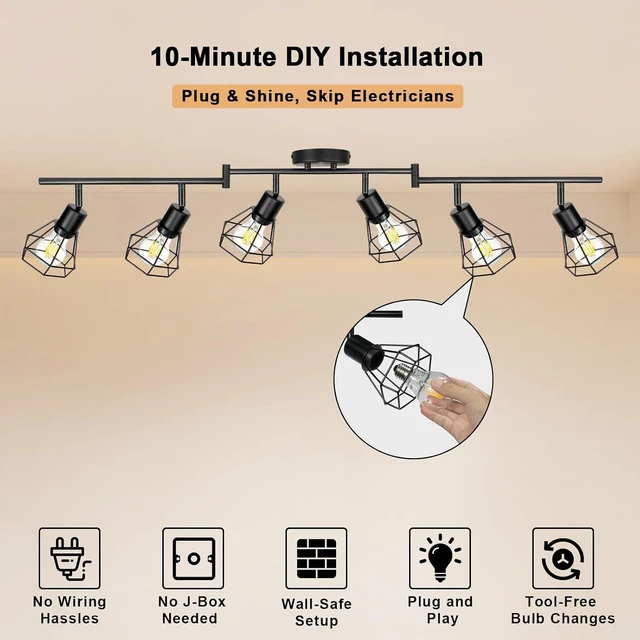 Alt view image 5 of 7 - HiBay Plug in Track Lighting, 6-Light Adjustable Ceiling Fixture Black