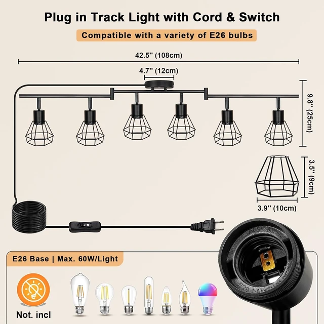 Alt view image 7 of 7 - HiBay Plug in Track Lighting, 6-Light Adjustable Ceiling Fixture Black