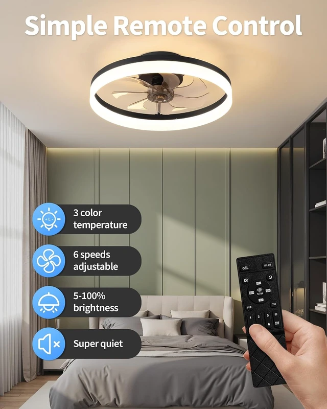 Alt view image 2 of 7 - PUSU 15.8" Black Low Profile Ceiling Fans with Light, Bedroom Fan Lighting