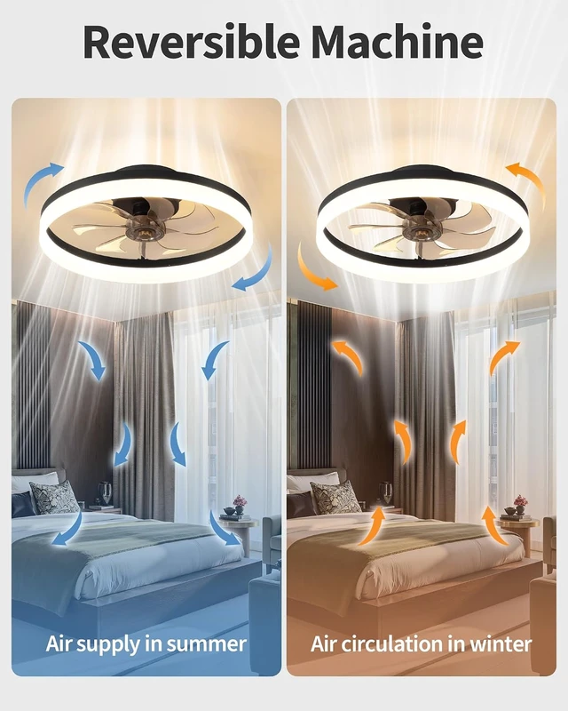 Alt view image 3 of 7 - PUSU 15.8" Black Low Profile Ceiling Fans with Light, Bedroom Fan Lighting