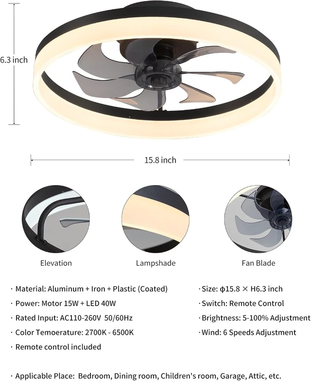 Alt view image 5 of 7 - PUSU 15.8" Black Low Profile Ceiling Fans with Light, Bedroom Fan Lighting