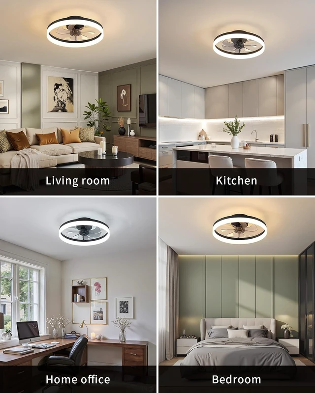 Alt view image 6 of 7 - PUSU 15.8" Black Low Profile Ceiling Fans with Light, Bedroom Fan Lighting