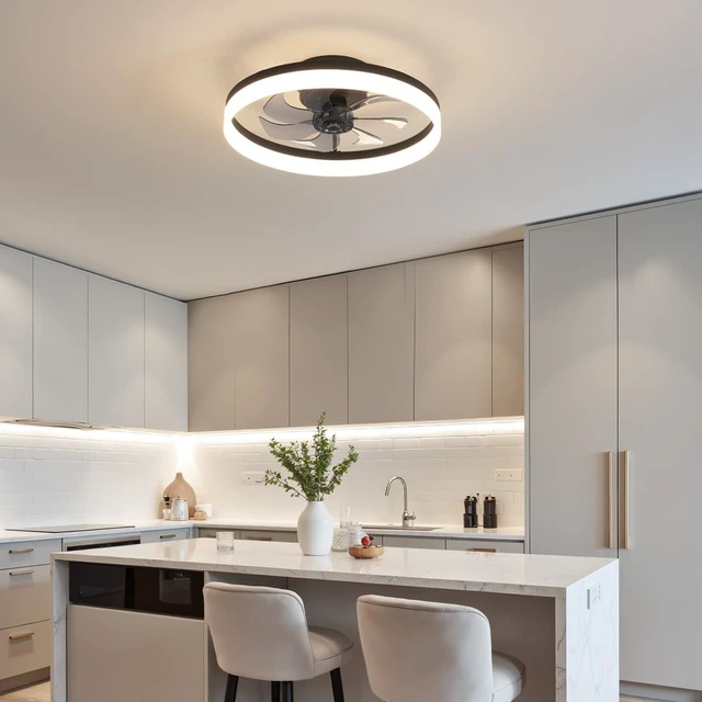 Alt view image 7 of 7 - PUSU 15.8" Black Low Profile Ceiling Fans with Light, Bedroom Fan Lighting