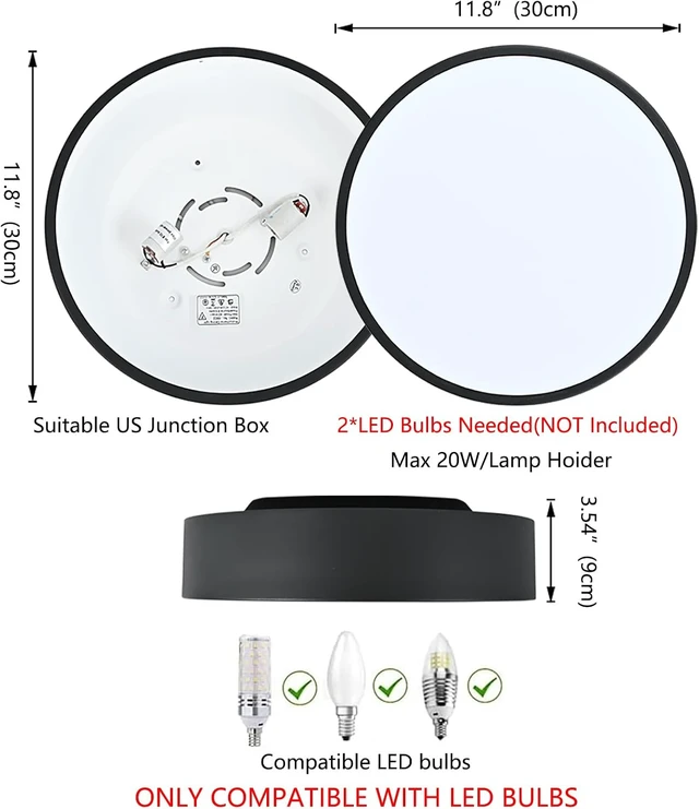 Alt view image 2 of 7 - 2-Light Black Modern Flush Mount Ceiling Light 11.8 Inch