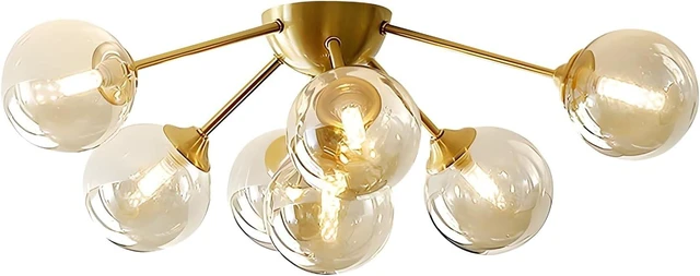 Main image of KCO Lighting 7-Lights Mid Century Modern Flush Mount Ceiling Light Overhead Amber Glass Globe Sputnik Chandelier Ceiling Light Fixture Brass Gold Bedroom Living Room Ceiling Lighting