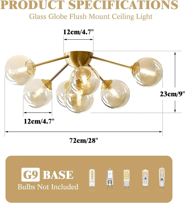 Alt view image 2 of 7 - KCO Lighting 7-Lights Mid Century Modern Flush Mount Ceiling Light Overhead Amber Glass Globe Sputnik Chandelier Ceiling Light Fixture Brass Gold Bedroom Living Room Ceiling Lighting