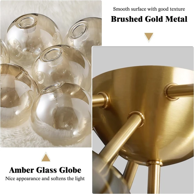 Alt view image 3 of 7 - KCO Lighting 7-Lights Mid Century Modern Flush Mount Ceiling Light Overhead Amber Glass Globe Sputnik Chandelier Ceiling Light Fixture Brass Gold Bedroom Living Room Ceiling Lighting