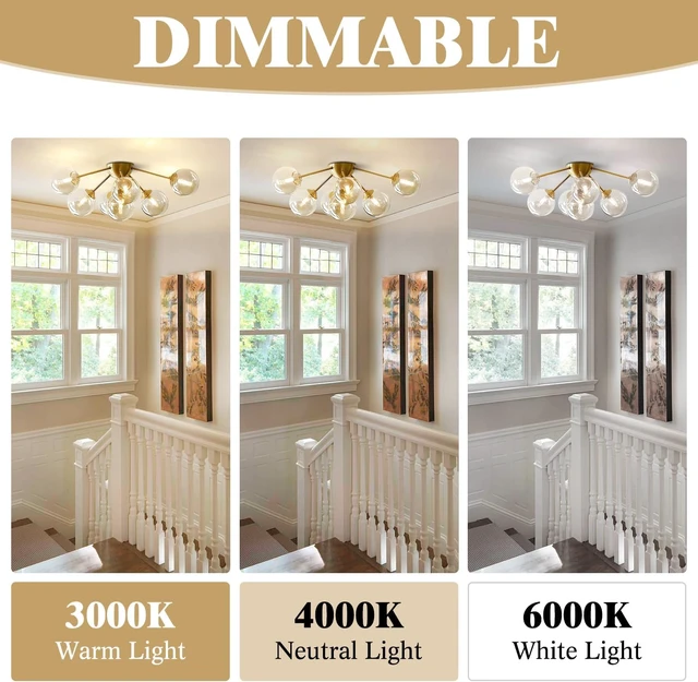 Alt view image 4 of 7 - KCO Lighting 7-Lights Mid Century Modern Flush Mount Ceiling Light Overhead Amber Glass Globe Sputnik Chandelier Ceiling Light Fixture Brass Gold Bedroom Living Room Ceiling Lighting