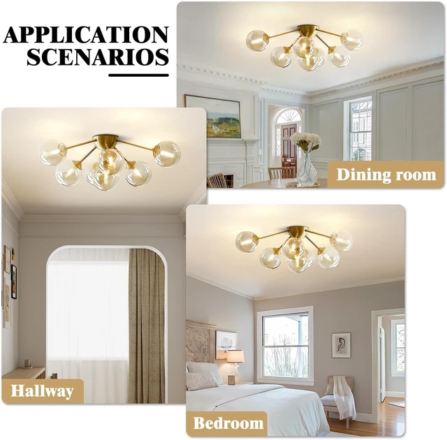 Alt view image 5 of 7 - KCO Lighting 7-Lights Mid Century Modern Flush Mount Ceiling Light Overhead Amber Glass Globe Sputnik Chandelier Ceiling Light Fixture Brass Gold Bedroom Living Room Ceiling Lighting