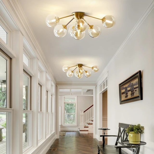 Alt view image 6 of 7 - KCO Lighting 7-Lights Mid Century Modern Flush Mount Ceiling Light Overhead Amber Glass Globe Sputnik Chandelier Ceiling Light Fixture Brass Gold Bedroom Living Room Ceiling Lighting