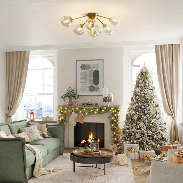 Alt view image 7 of 7 - KCO Lighting 7-Lights Mid Century Modern Flush Mount Ceiling Light Overhead Amber Glass Globe Sputnik Chandelier Ceiling Light Fixture Brass Gold Bedroom Living Room Ceiling Lighting