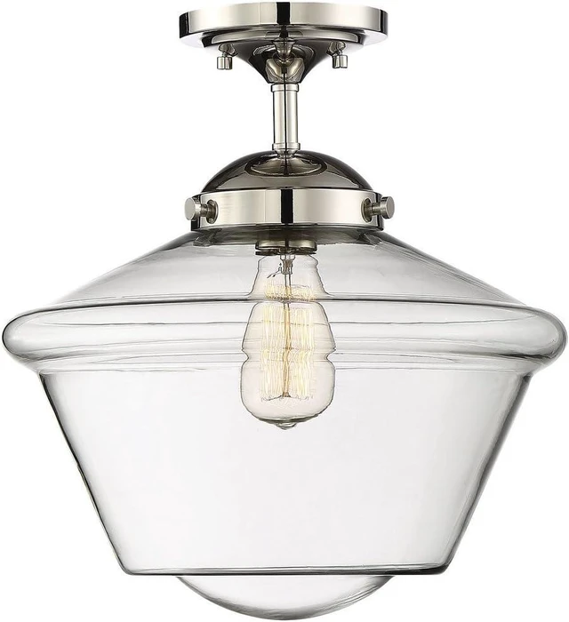 Main image of Modern Farmhouse 1-Light Transitional Retro Vintage Schoolhouse Semi-Flush Mount Ceiling Light, 60 Watts, in Polished Nickel with Clear Glass Globe