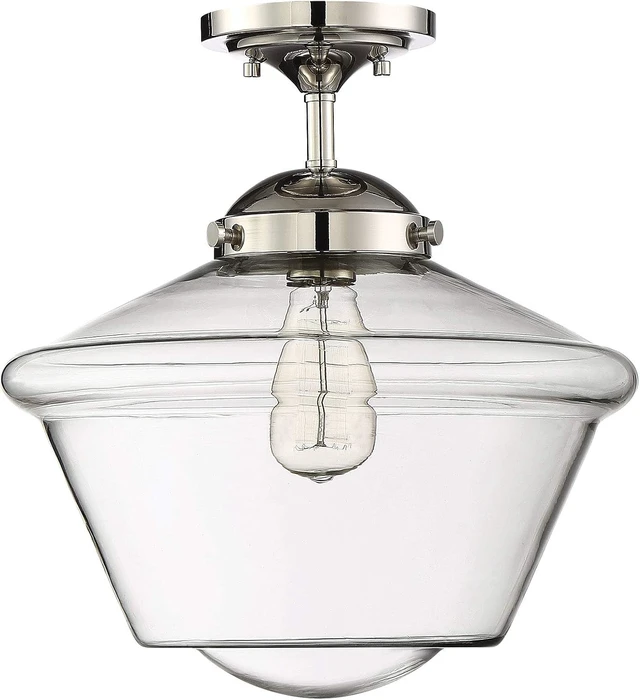 Alt view image 2 of 6 - Modern Farmhouse 1-Light Transitional Retro Vintage Schoolhouse Semi-Flush Mount Ceiling Light, 60 Watts, in Polished Nickel with Clear Glass Globe