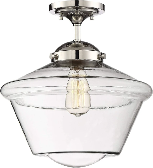 Alt view image 3 of 6 - Modern Farmhouse 1-Light Transitional Retro Vintage Schoolhouse Semi-Flush Mount Ceiling Light, 60 Watts, in Polished Nickel with Clear Glass Globe