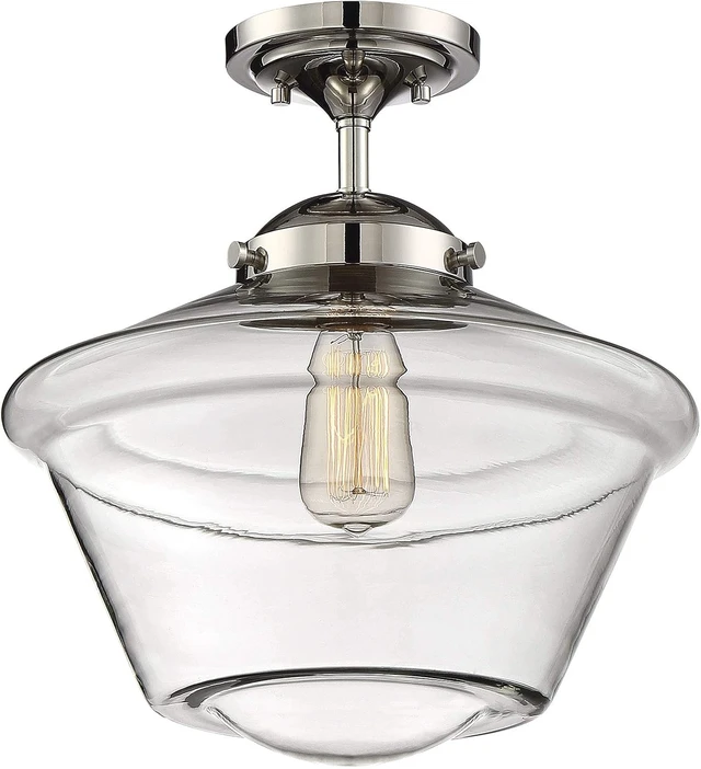 Alt view image 4 of 6 - Modern Farmhouse 1-Light Transitional Retro Vintage Schoolhouse Semi-Flush Mount Ceiling Light, 60 Watts, in Polished Nickel with Clear Glass Globe
