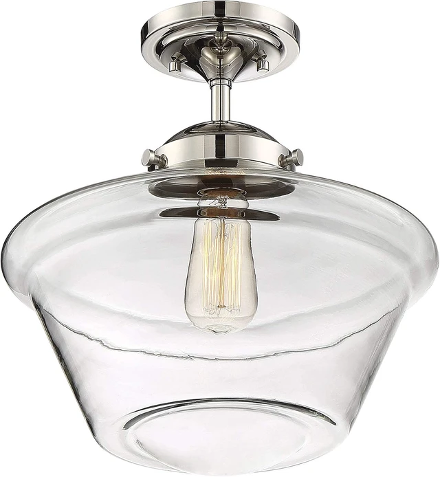 Alt view image 5 of 6 - Modern Farmhouse 1-Light Transitional Retro Vintage Schoolhouse Semi-Flush Mount Ceiling Light, 60 Watts, in Polished Nickel with Clear Glass Globe