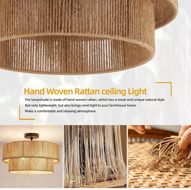 Alt view image 2 of 7 - Boho Semi Flush Mount Ceiling Light Rattan Ceiling Light 18" Farmhouse Ceiling Lamp with Natural Hemp Rope Lampshade for Dining Room Living Room Bedroom Kitchen