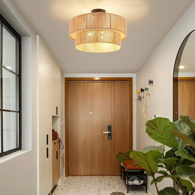 Alt view image 3 of 7 - Boho Semi Flush Mount Ceiling Light Rattan Ceiling Light 18" Farmhouse Ceiling Lamp with Natural Hemp Rope Lampshade for Dining Room Living Room Bedroom Kitchen