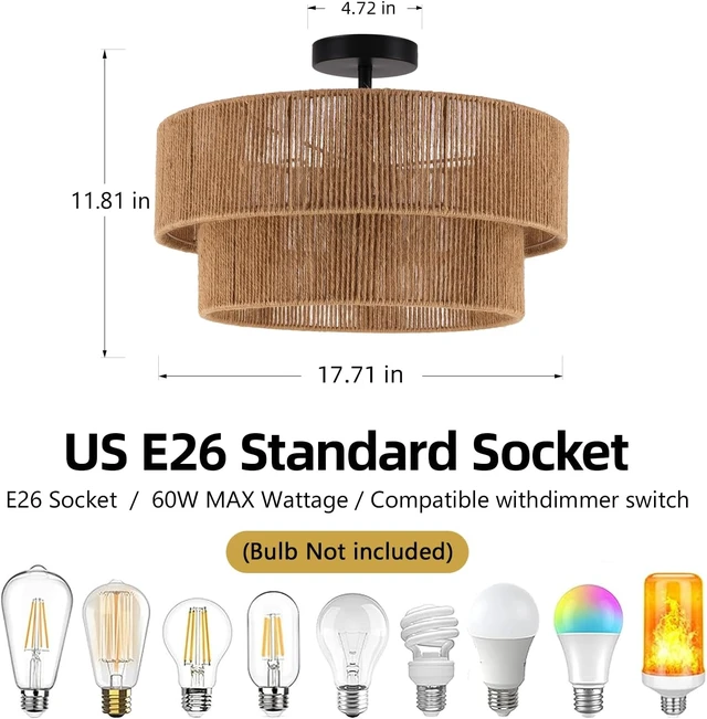 Alt view image 4 of 7 - Boho Semi Flush Mount Ceiling Light Rattan Ceiling Light 18" Farmhouse Ceiling Lamp with Natural Hemp Rope Lampshade for Dining Room Living Room Bedroom Kitchen
