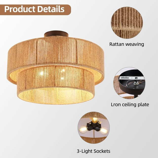 Alt view image 5 of 7 - Boho Semi Flush Mount Ceiling Light Rattan Ceiling Light 18" Farmhouse Ceiling Lamp with Natural Hemp Rope Lampshade for Dining Room Living Room Bedroom Kitchen