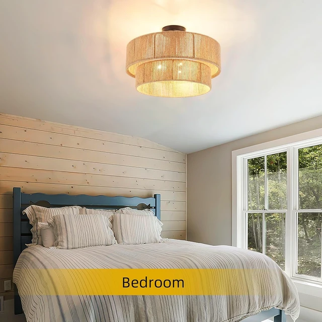 Alt view image 6 of 7 - Boho Semi Flush Mount Ceiling Light Rattan Ceiling Light 18" Farmhouse Ceiling Lamp with Natural Hemp Rope Lampshade for Dining Room Living Room Bedroom Kitchen