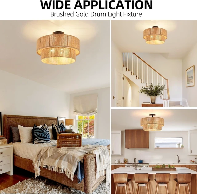 Alt view image 7 of 7 - Boho Semi Flush Mount Ceiling Light Rattan Ceiling Light 18" Farmhouse Ceiling Lamp with Natural Hemp Rope Lampshade for Dining Room Living Room Bedroom Kitchen