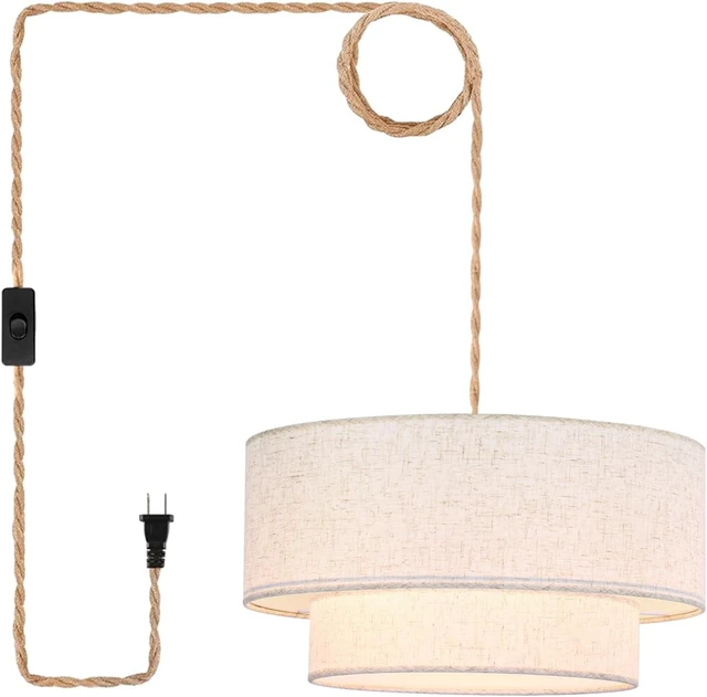 Main image of Plug in Pendant Light, 2-Tier Drum Linen Pendant Lights with 15.7FT Handmade Woven Light Cord17.7" Plug in Chandelier for Dining Room Kitchen Island and Bedroom
