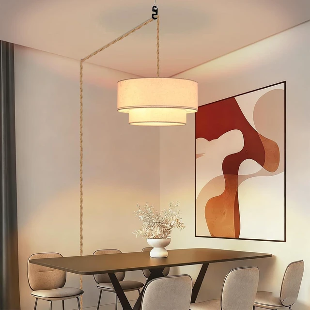 Alt view image 2 of 7 - Plug in Pendant Light, 2-Tier Drum Linen Pendant Lights with 15.7FT Handmade Woven Light Cord17.7" Plug in Chandelier for Dining Room Kitchen Island and Bedroom